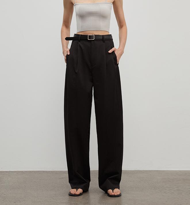 Spliced double-pleat wide-leg trousers for women by Firelady Fur, featuring straight-leg design and tailored fit.
