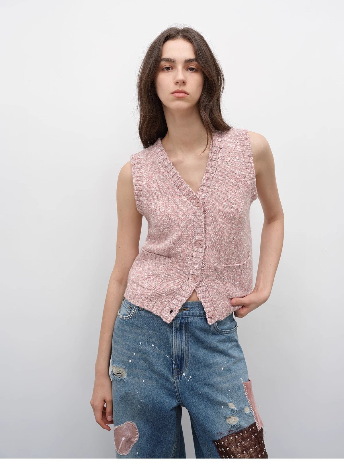 Firelady Fur stacking wool knitted vest featuring a V-neck, vintage style, layered look, perfect for autumn fashion.