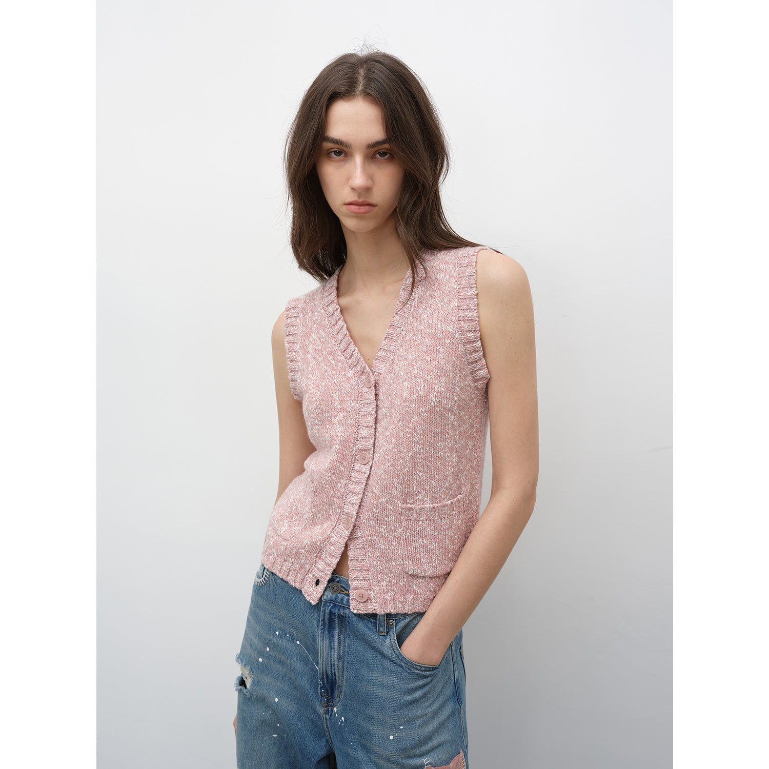 Firelady Fur stacking wool knitted vest by Maison Beaumont, vintage-style layered top with dotted V-neck for autumn wear.