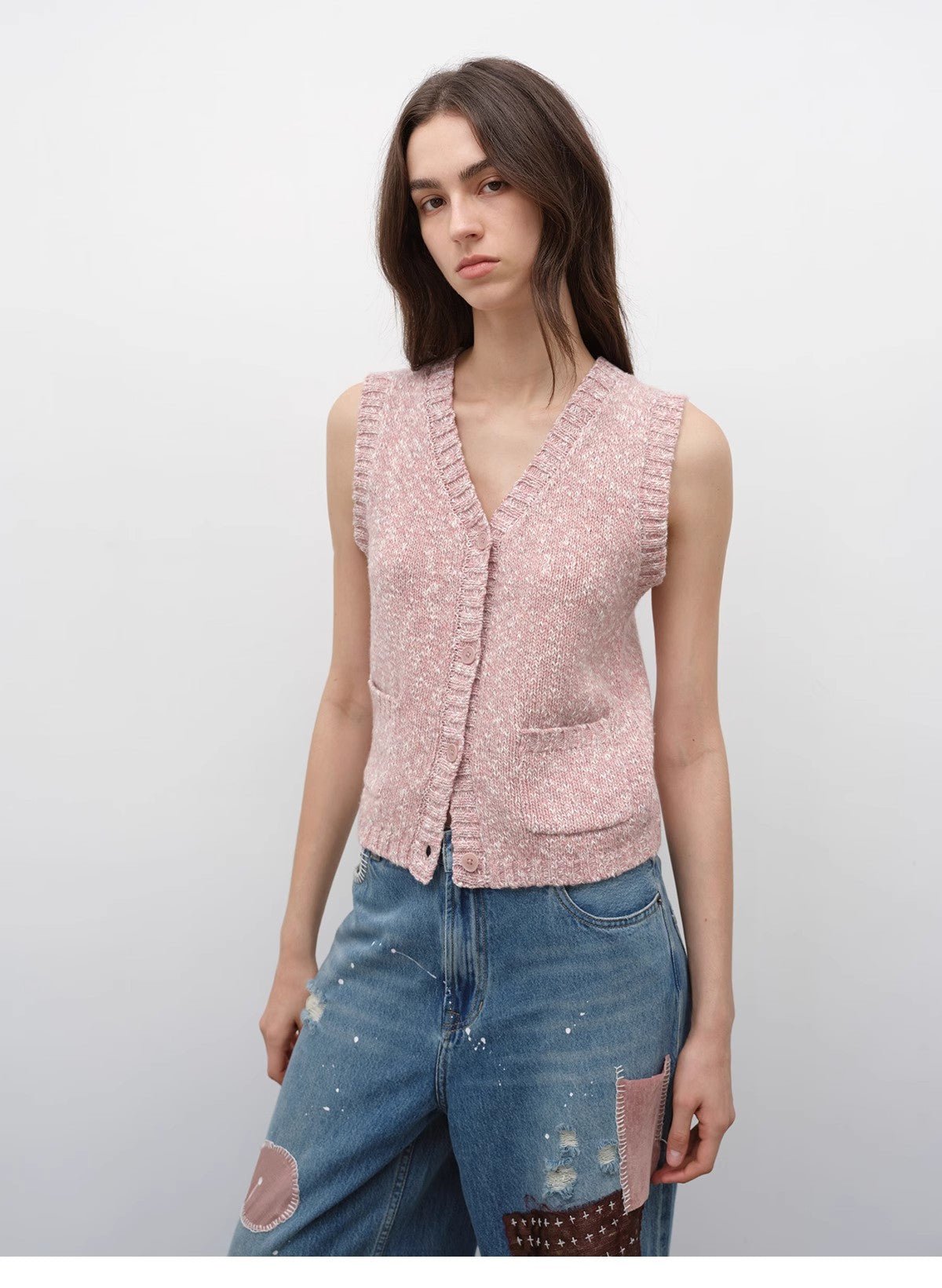 Firelady Fur stacking wool knitted vest with V-neck, vintage style, layered design, perfect for autumn fashion.