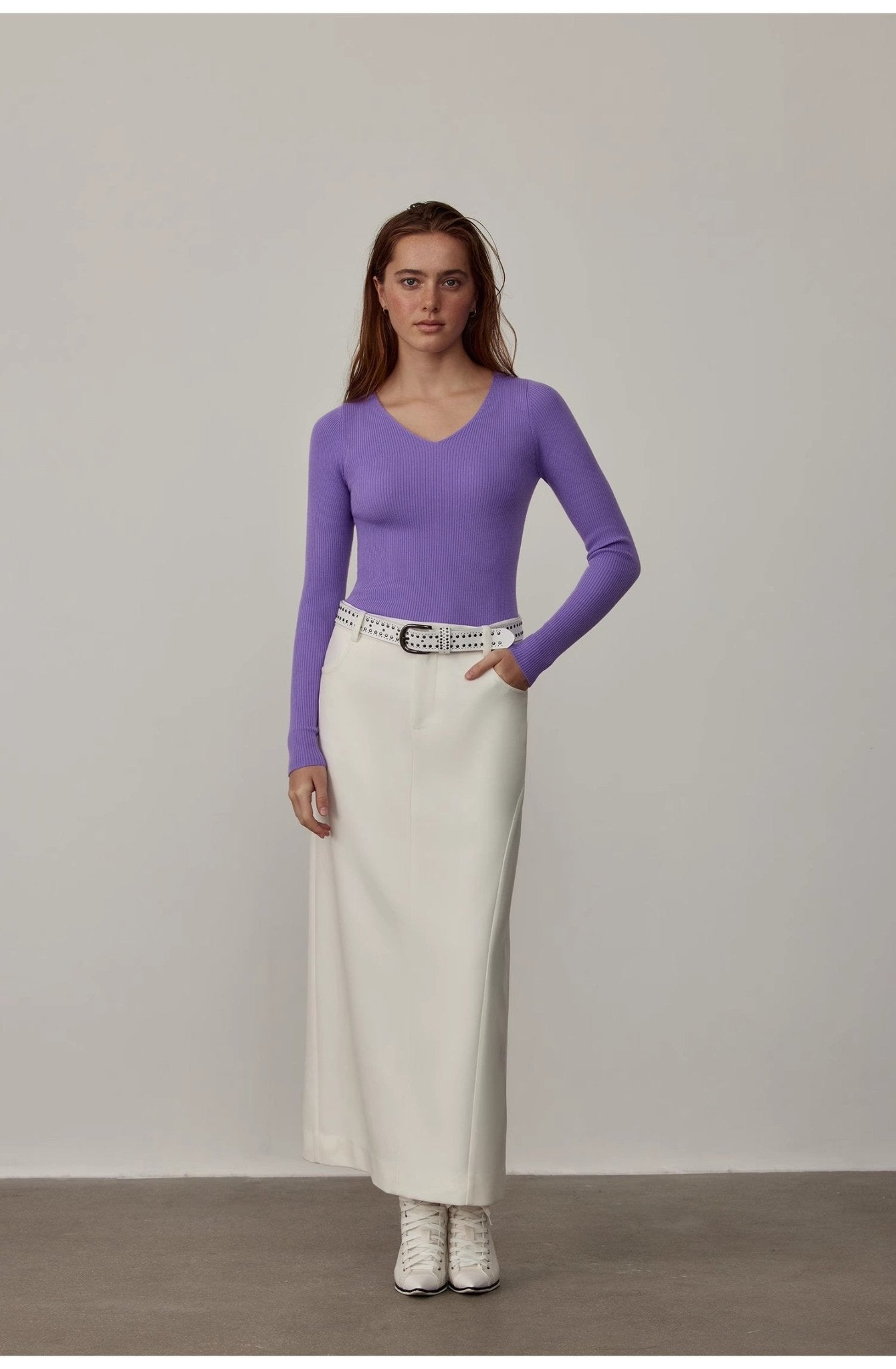 Women's low-waisted straight skirt by Firelady Fur, versatile worsted fabric, retro neutral style perfect for fashionable outfits.