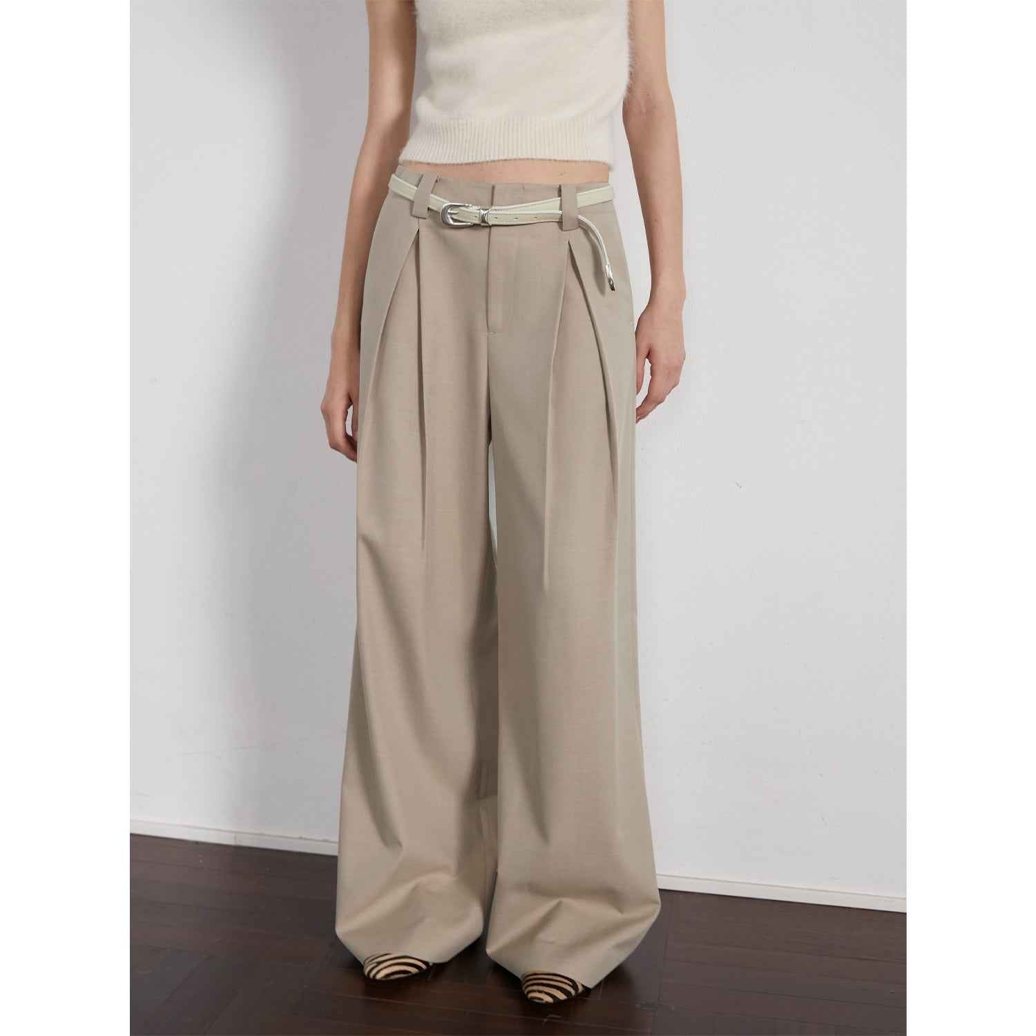 Firelady Fur wool wide-leg pleated women's trousers, loose-fit, straight-leg, street-style fashion with waistless design.