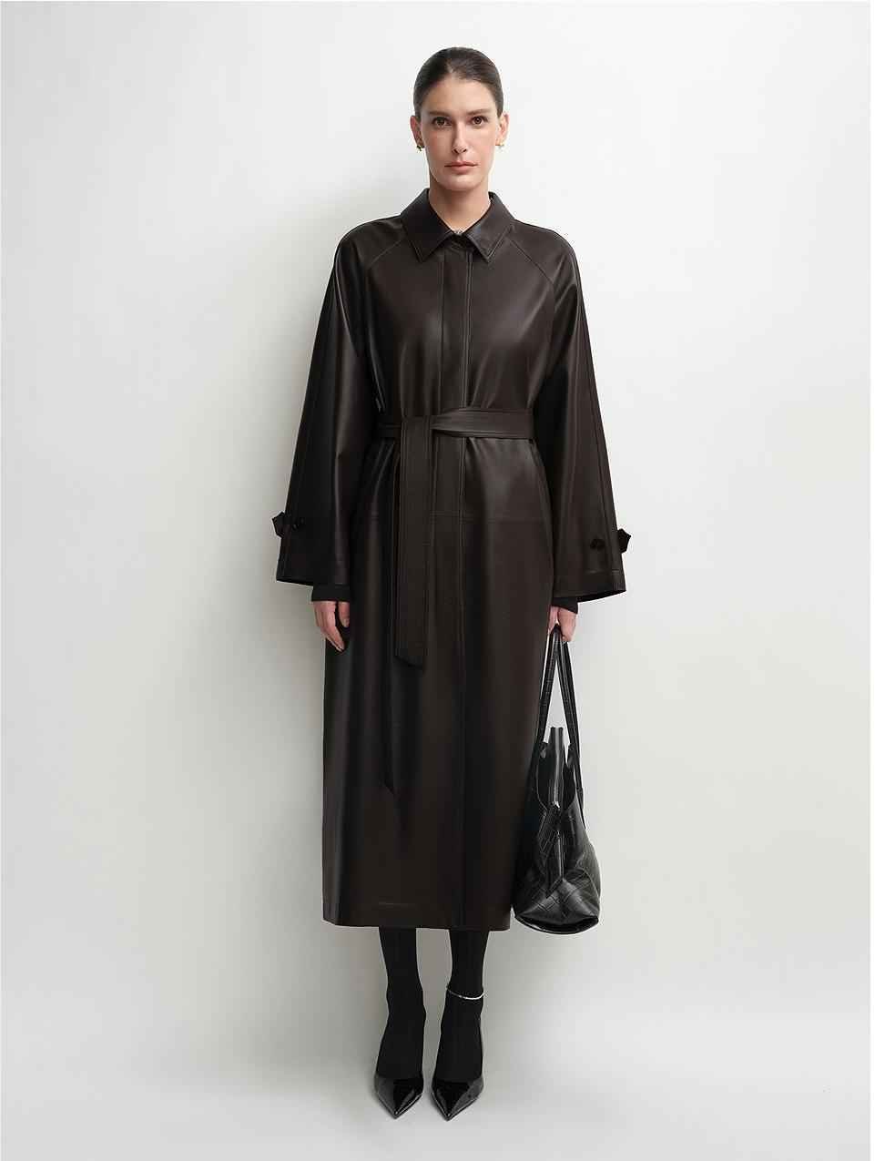 Firelady Fur women's lambskin leather A-line trench coat with raglan sleeves, stylish and sleek leather jacket for women.