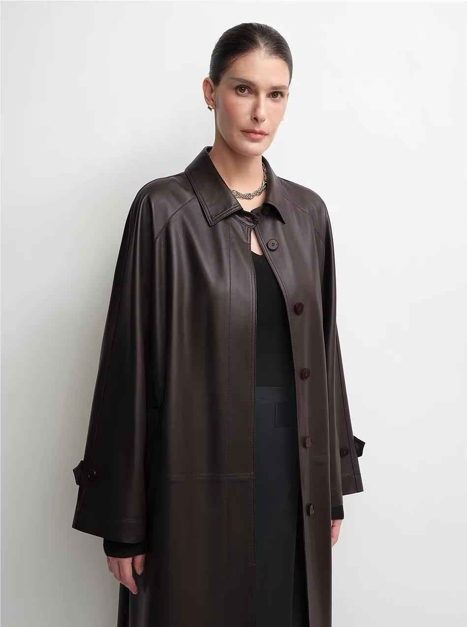 Firelady Fur women's lambskin leather A-line trench coat with raglan sleeves, stylish and long for a sophisticated look.