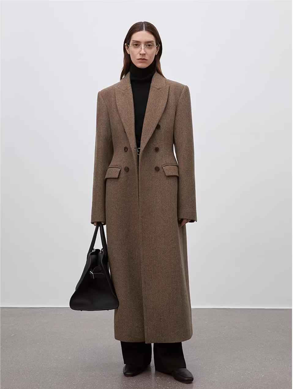 Women's wool double-breasted blazer with herringbone pattern and structured shoulders, by Firelady Fur.