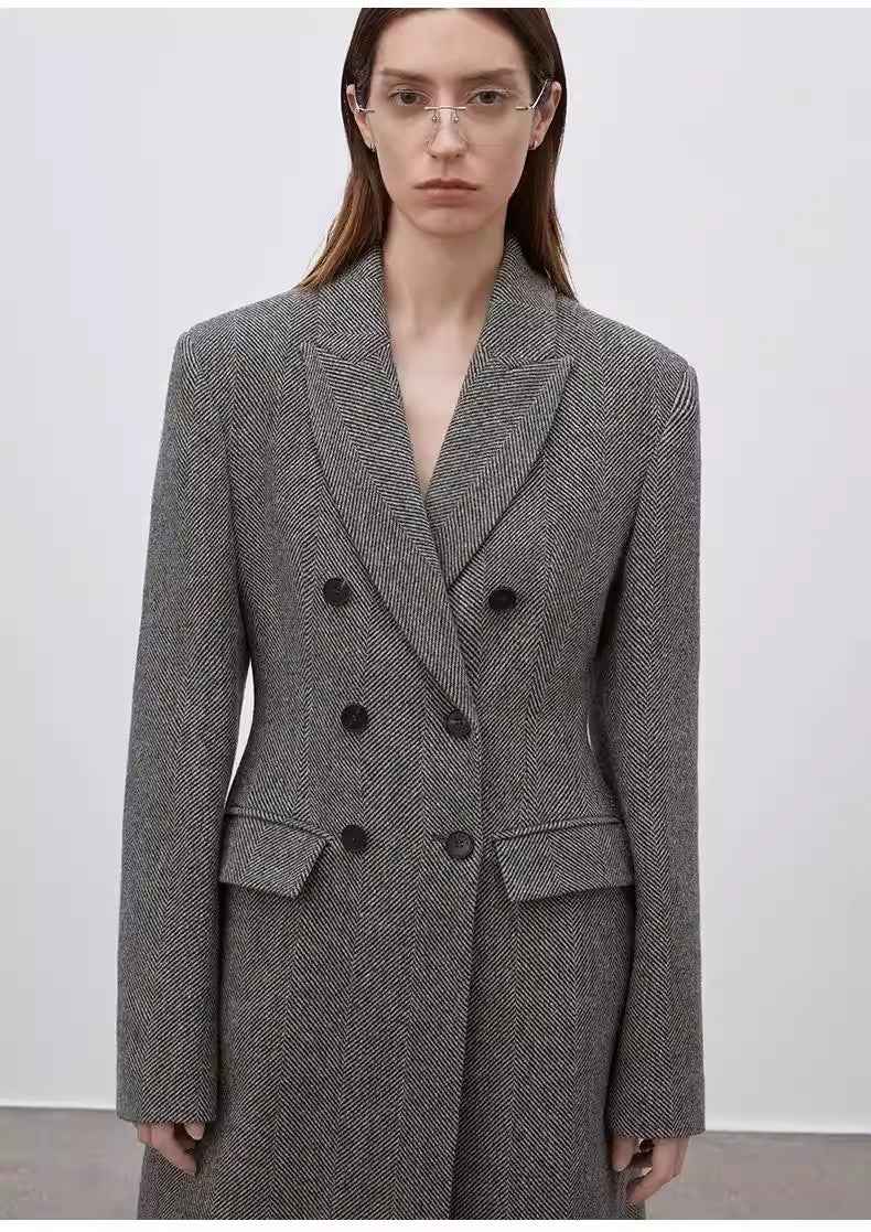 Women's wool double-breasted blazer with herringbone pattern and structured shoulders, by Firelady Fur.