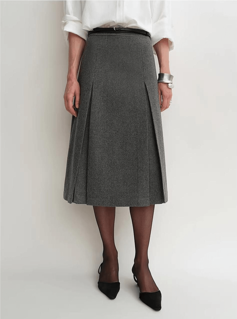 Women's wool A-line blazer and matching skirt set by Firelady Fur, tailored fit with classic design and clean lines.