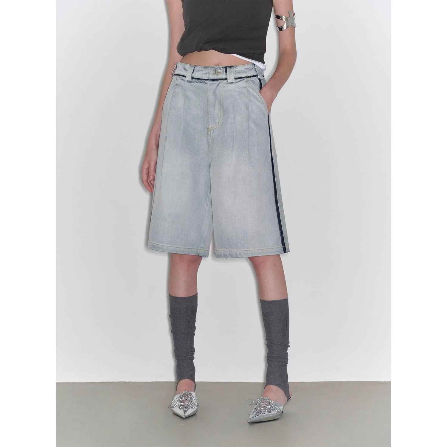 “Unruly Sonata” Neutral Style Loose Feeling Imported Washed Mid Rise Bumped Side Wide Leg Washed Denim Mid Pants-1