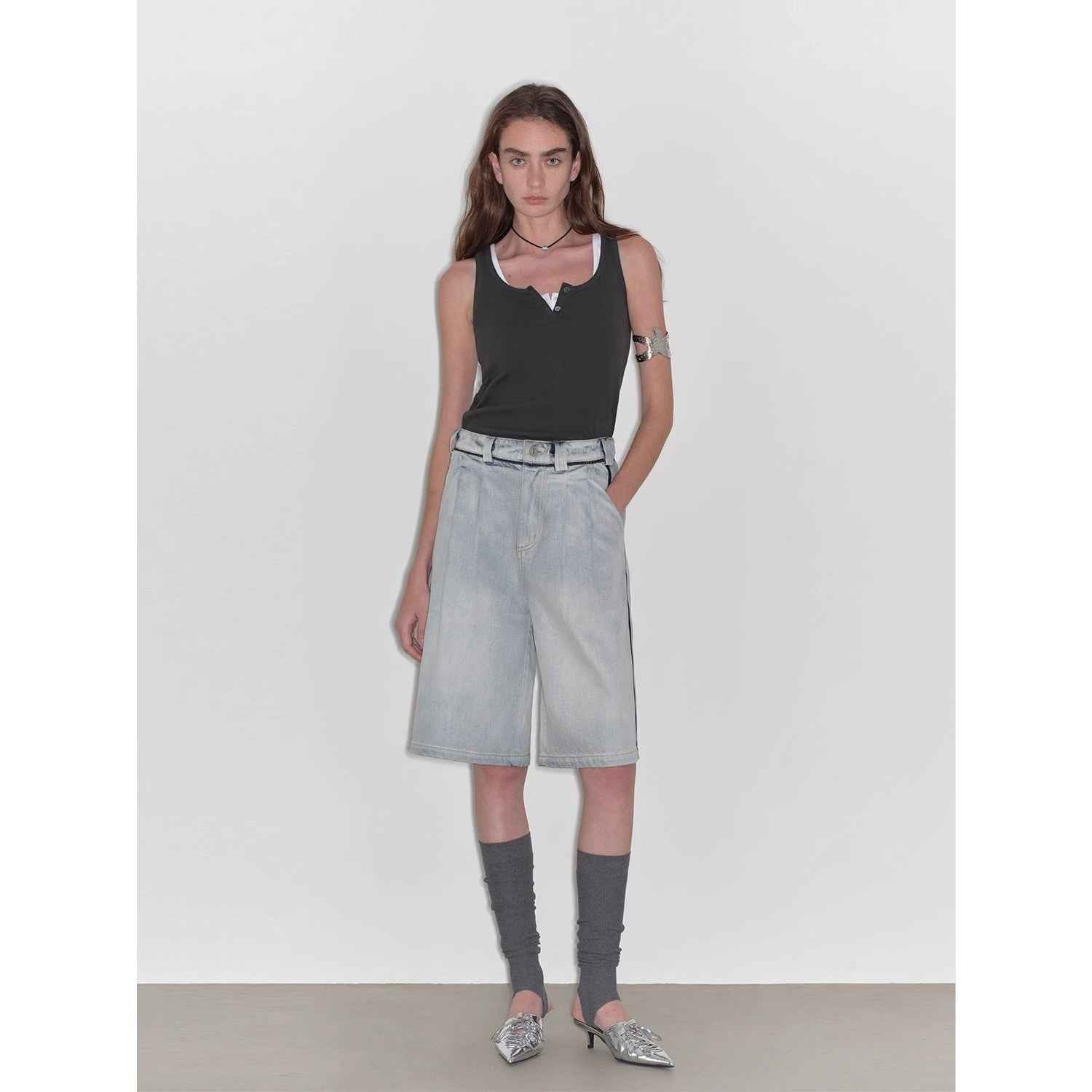 “Unruly Sonata” Neutral Style Loose Feeling Imported Washed Mid Rise Bumped Side Wide Leg Washed Denim Mid Pants-0