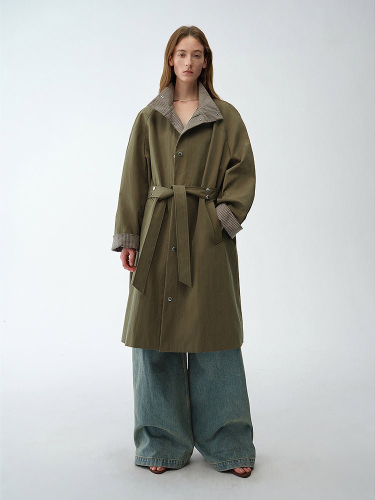 Firelady Fur Urban Island Retro plaid trench coat for women, mid-length with lapel collar and workwear style.