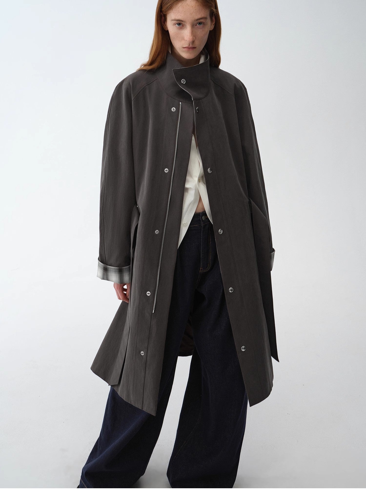Firelady Fur Urban Island Retro plaid trench coat for women, mid-length workwear outerwear with lapel collar, stylish and vintage-inspired.