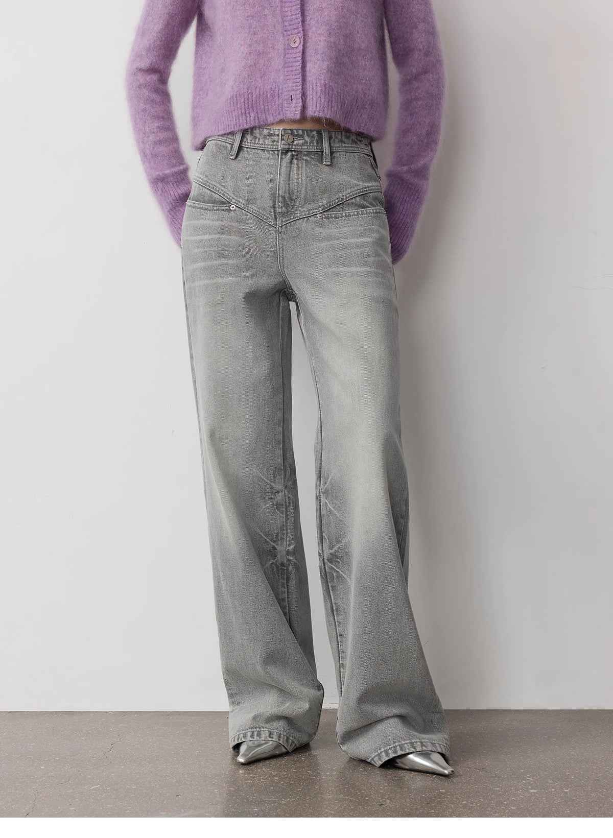 Firelady Fur women's denim straight-leg trousers with distressed vintage wash, textured marble pattern, and V-shaped segmented design.