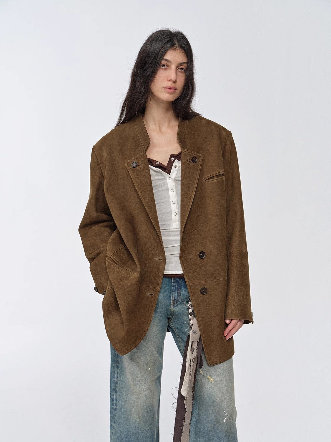 Vintage suede/waxy goatskin leather mid-length suit jacket "Bavaria"-0