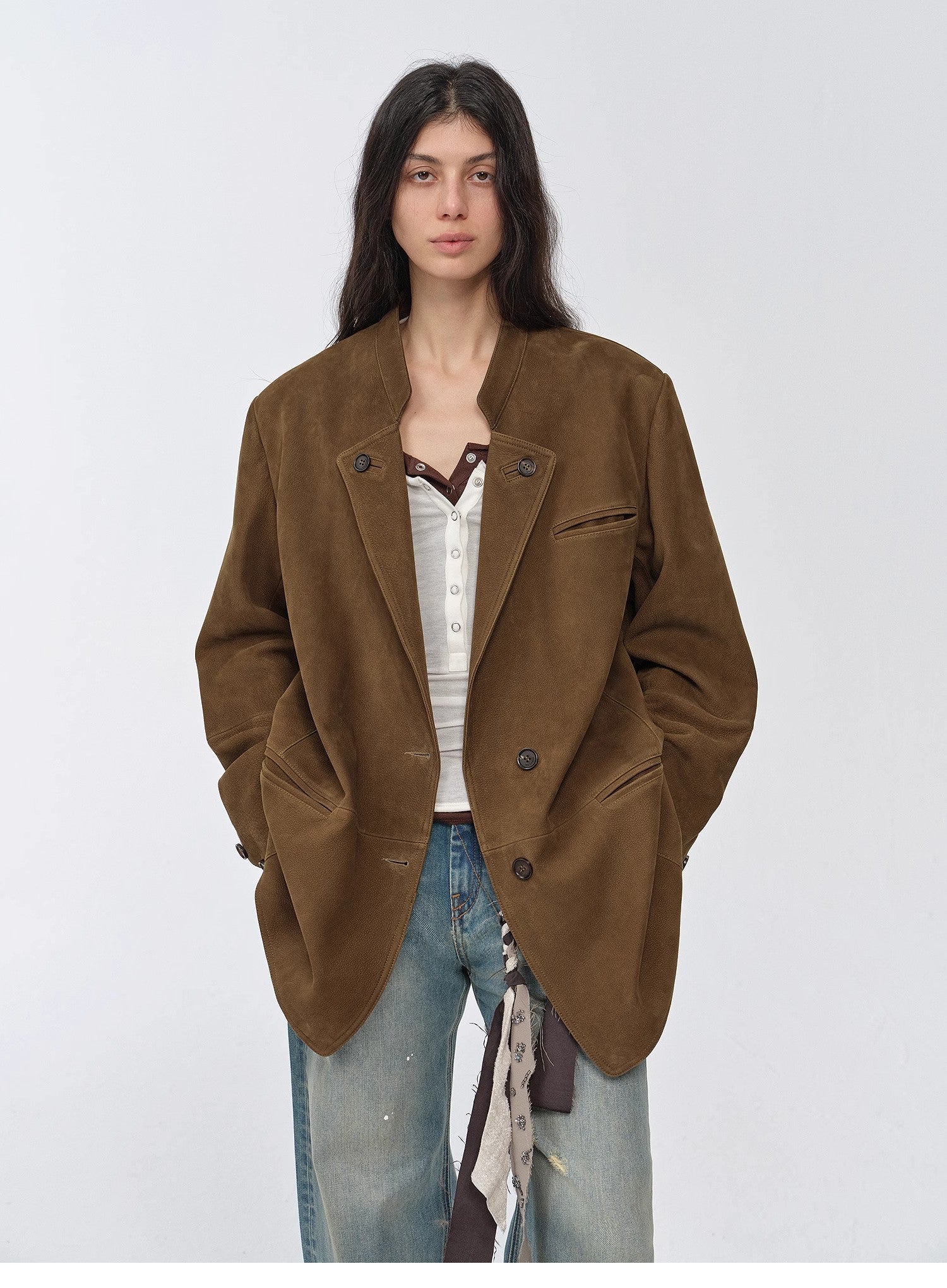 Vintage suede/waxy goatskin leather mid-length suit jacket "Bavaria"-1