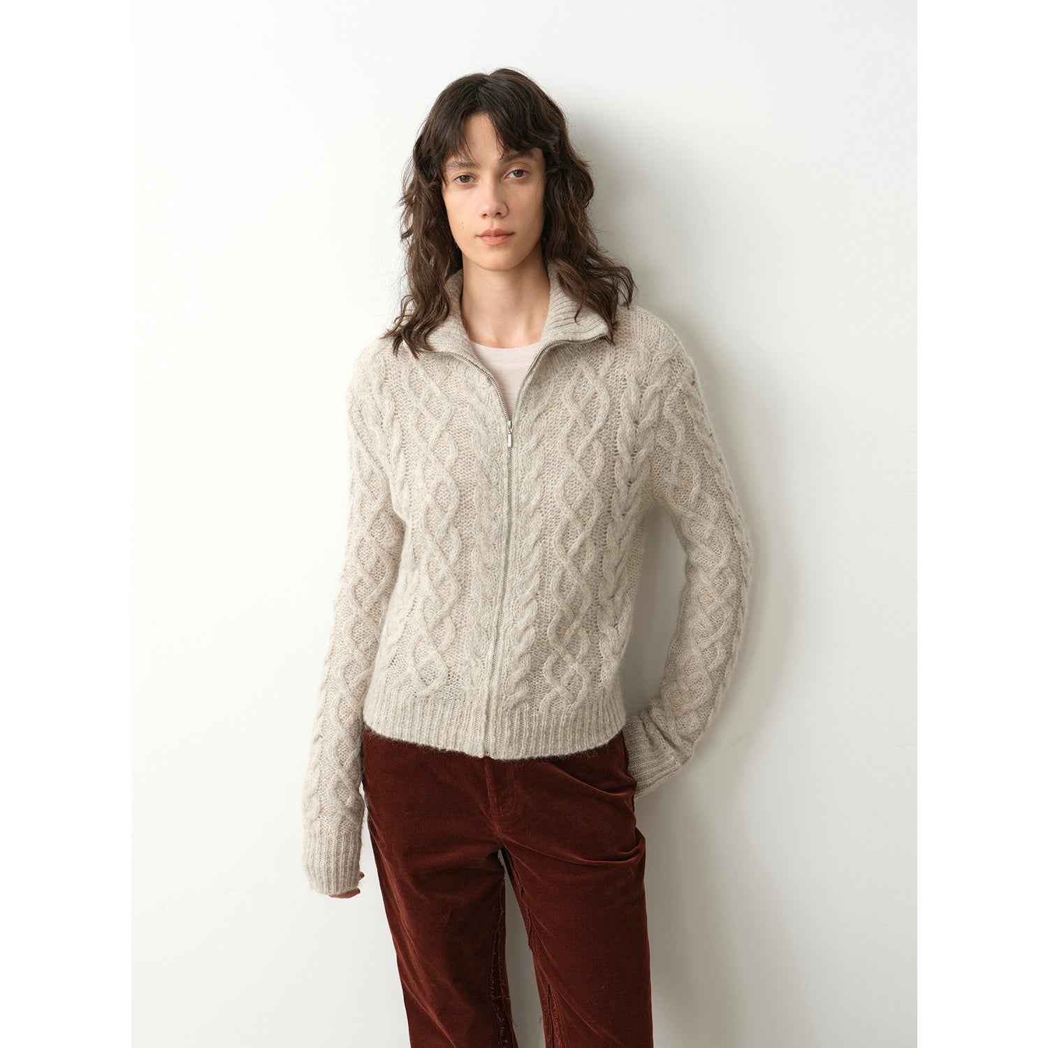 Vintage warm flower pattern basic top mohair wool cable blend zipper knit cardigan "Romantic Cable"-6