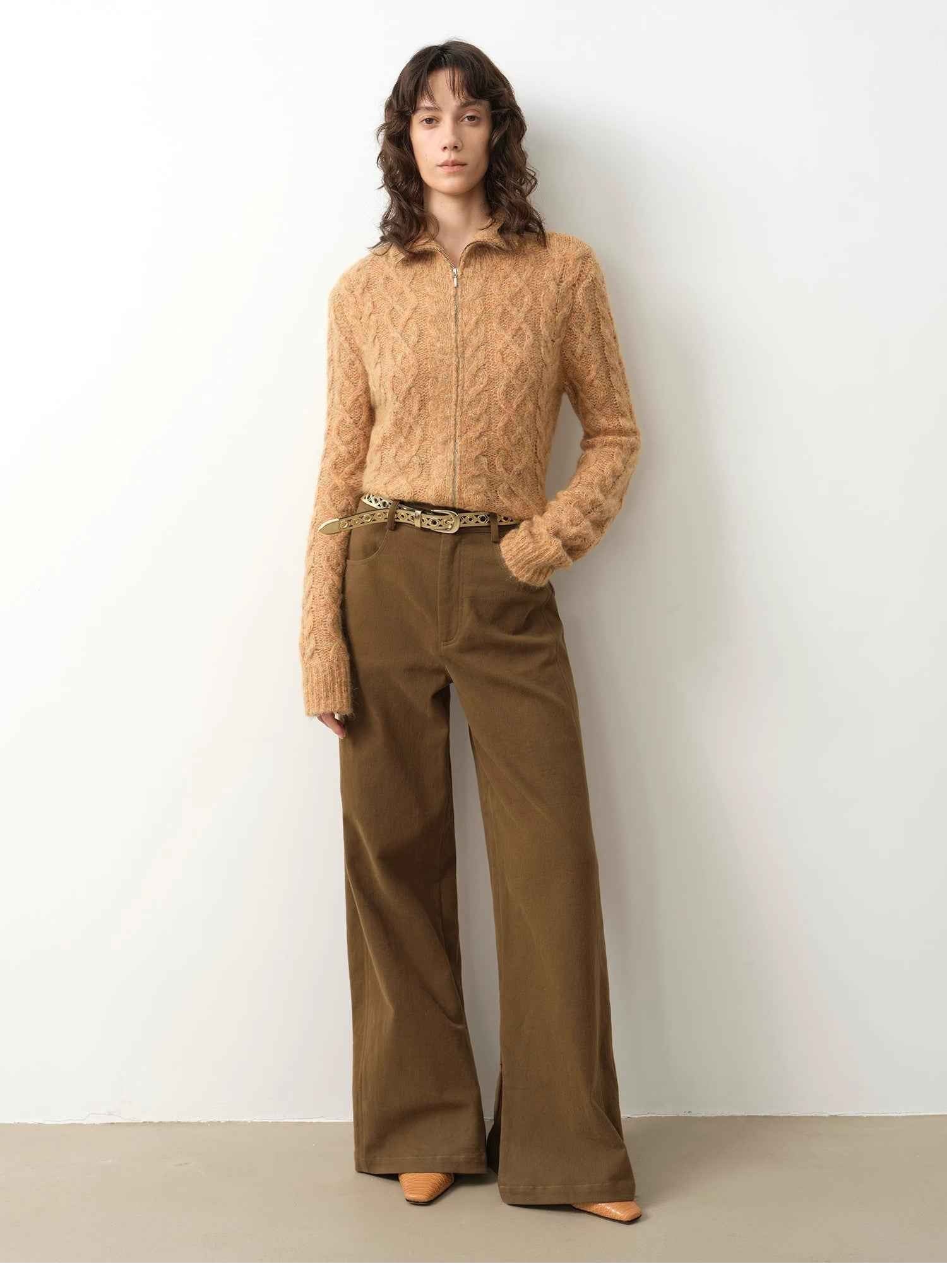 Vintage warm flower pattern basic top mohair wool cable blend zipper knit cardigan "Romantic Cable"-4