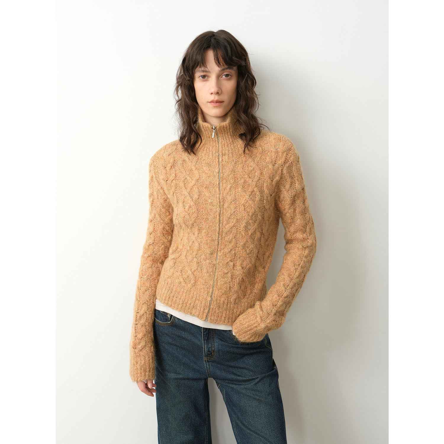 Vintage warm flower pattern basic top mohair wool cable blend zipper knit cardigan "Romantic Cable"-5
