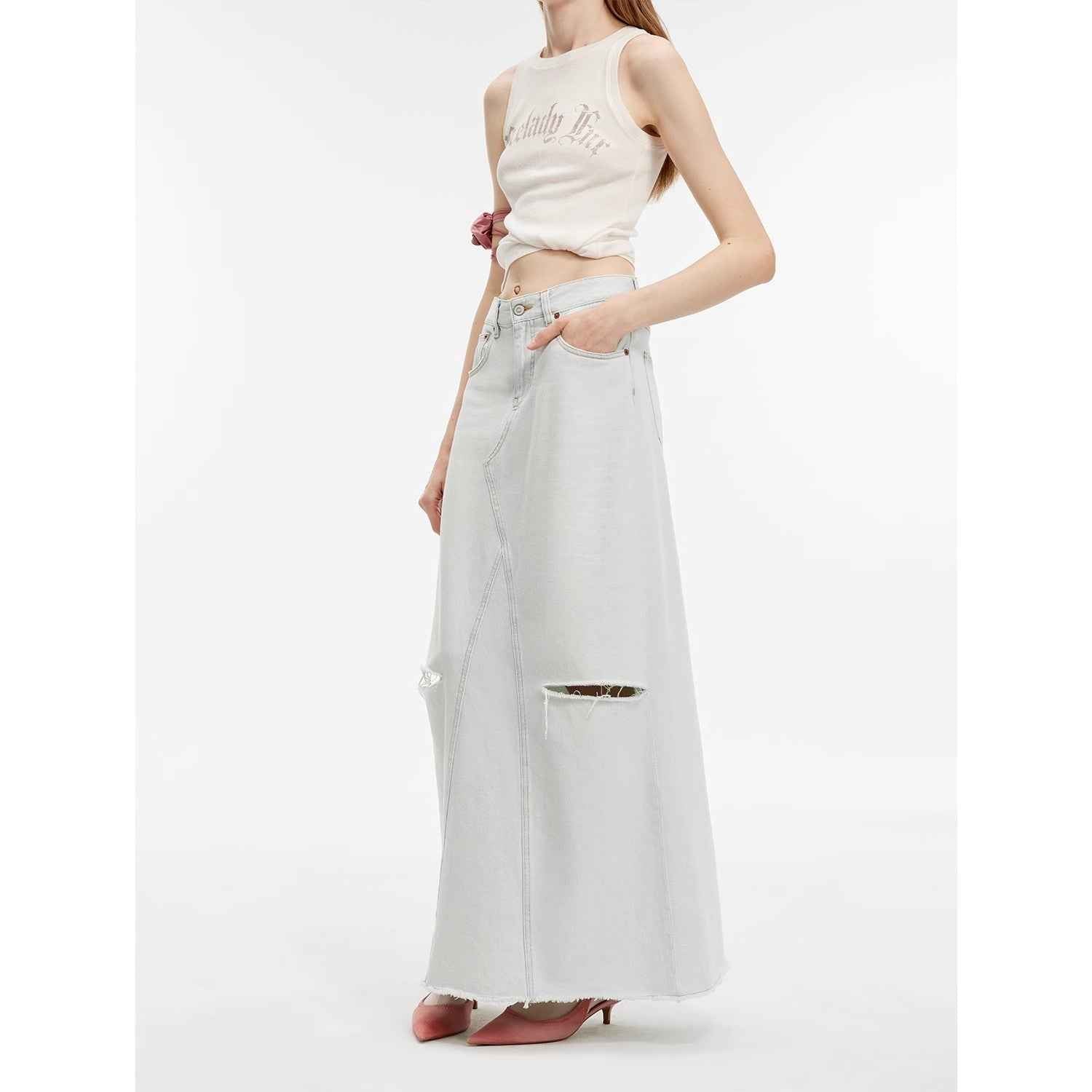 Women's "Walden Pond" Firelady Fur distressed denim A-line skirt with wash-faded finish and distressed holes, imported Turkish denim.