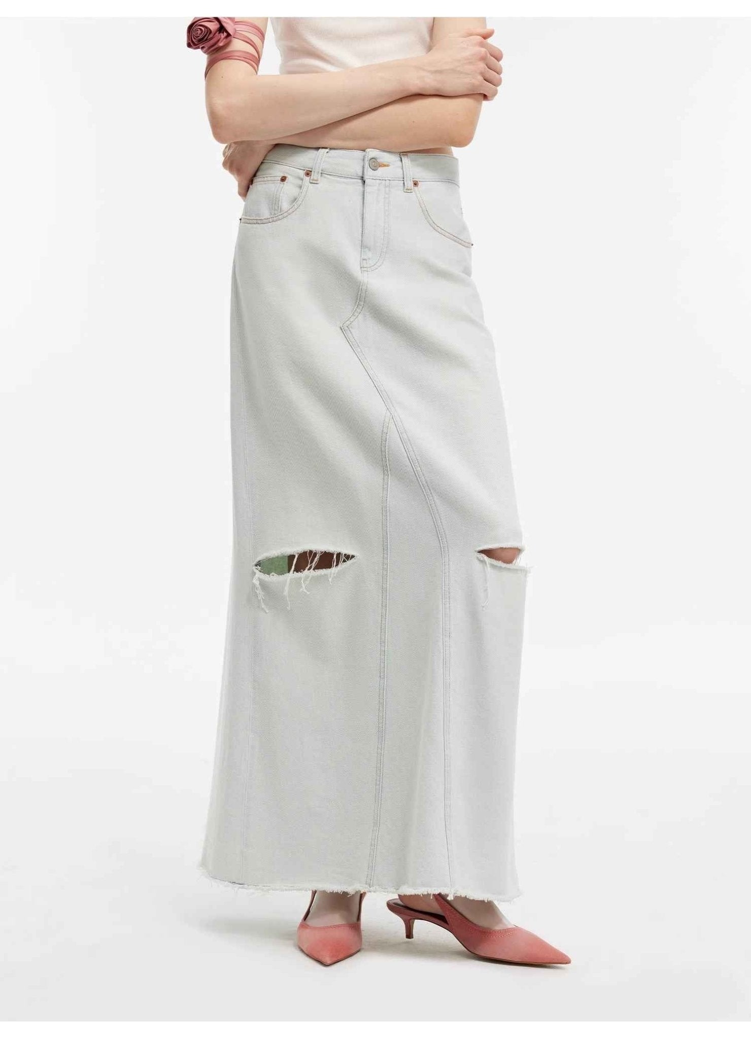 Women's "Walden Pond" Turkish imported wash-faded distressed denim A-line skirt by Firelady Fur, showing the worn, hole details.