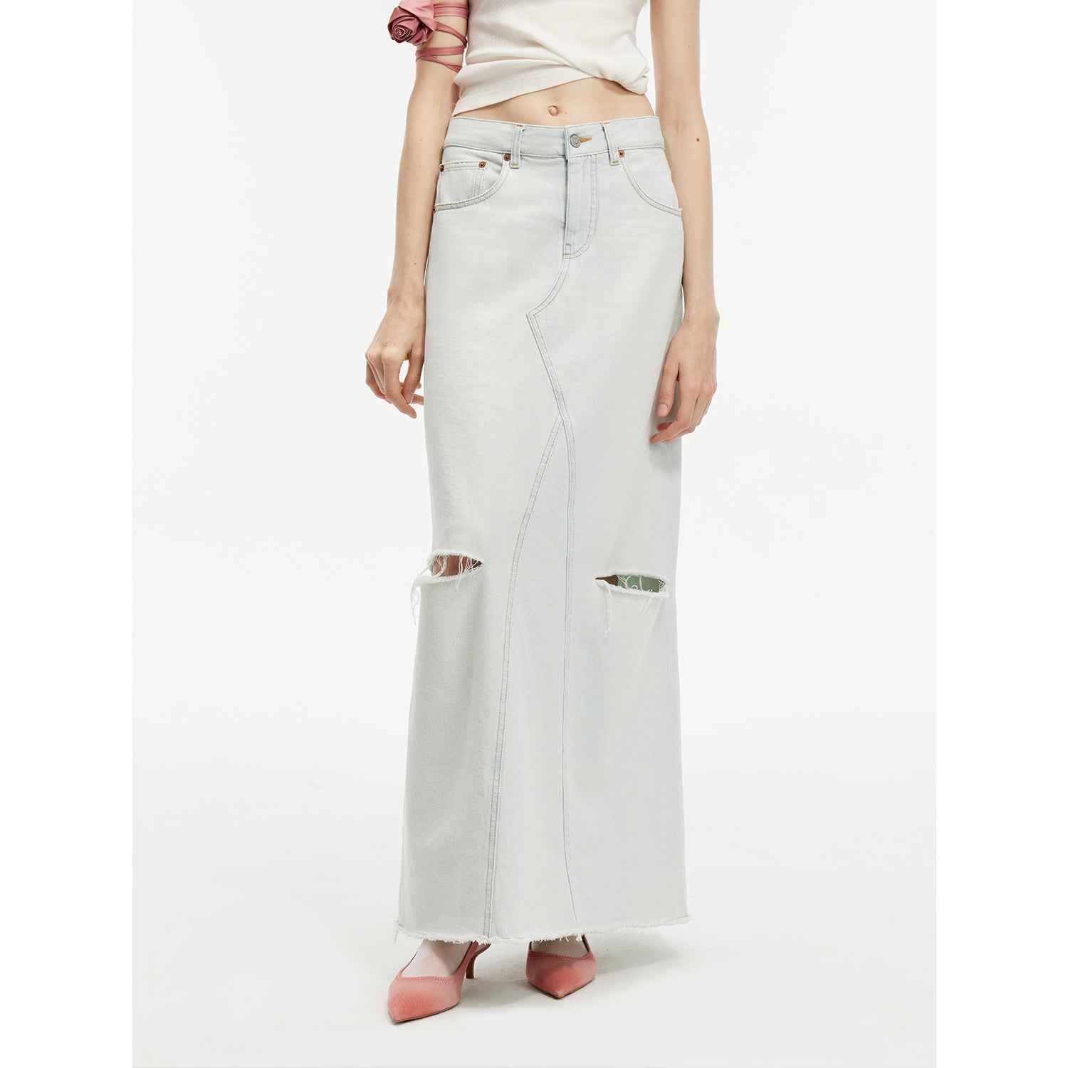 Women's "Walden Pond" Turkish imported faded distressed denim A-line skirt by Firelady Fur, with holes and washed finish.