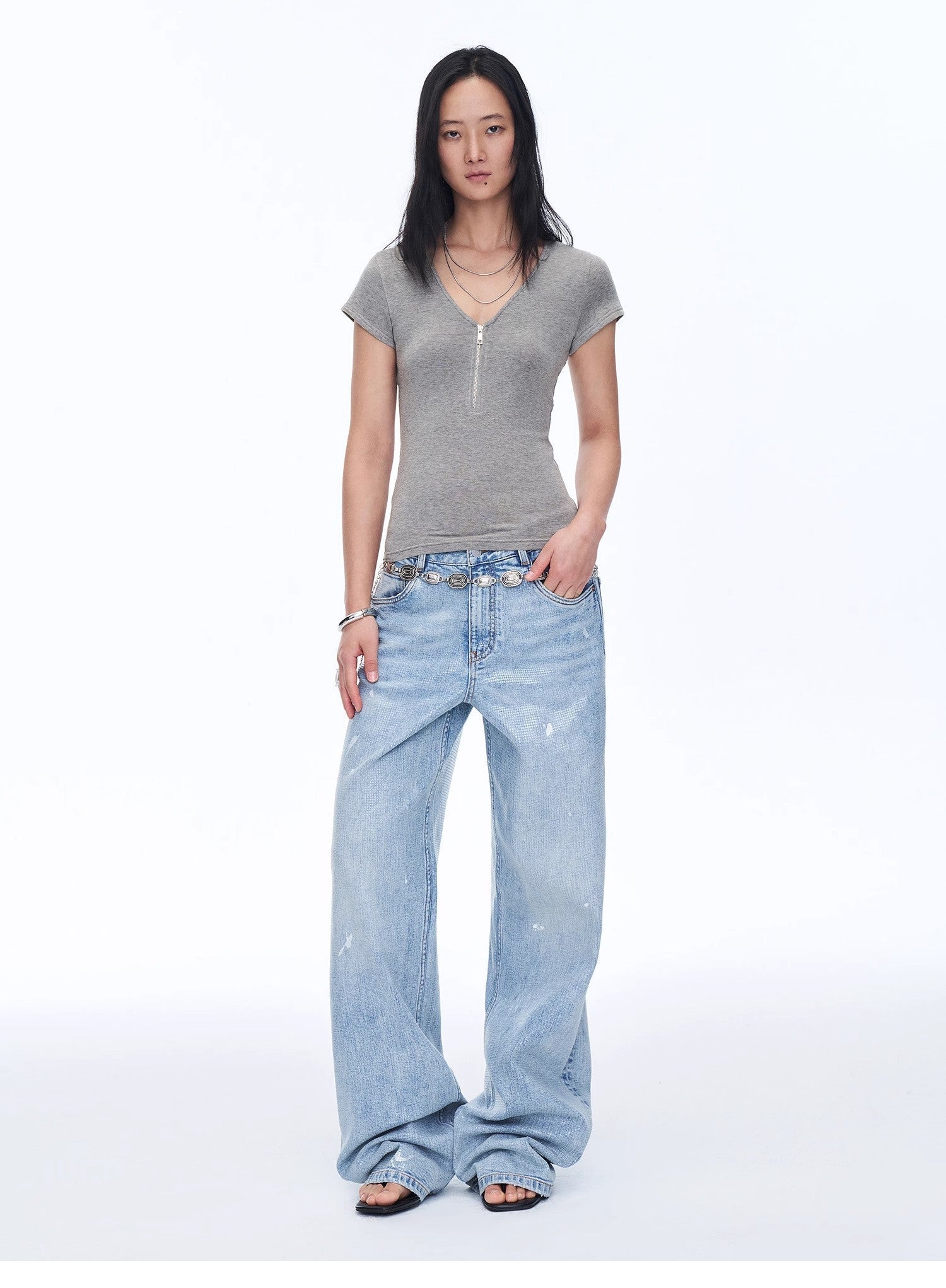 Women's Wool Tencel deep V-neck top by Firelady Fur, short sleeves, loose fit, simple color, stylish blouse for casual wear.