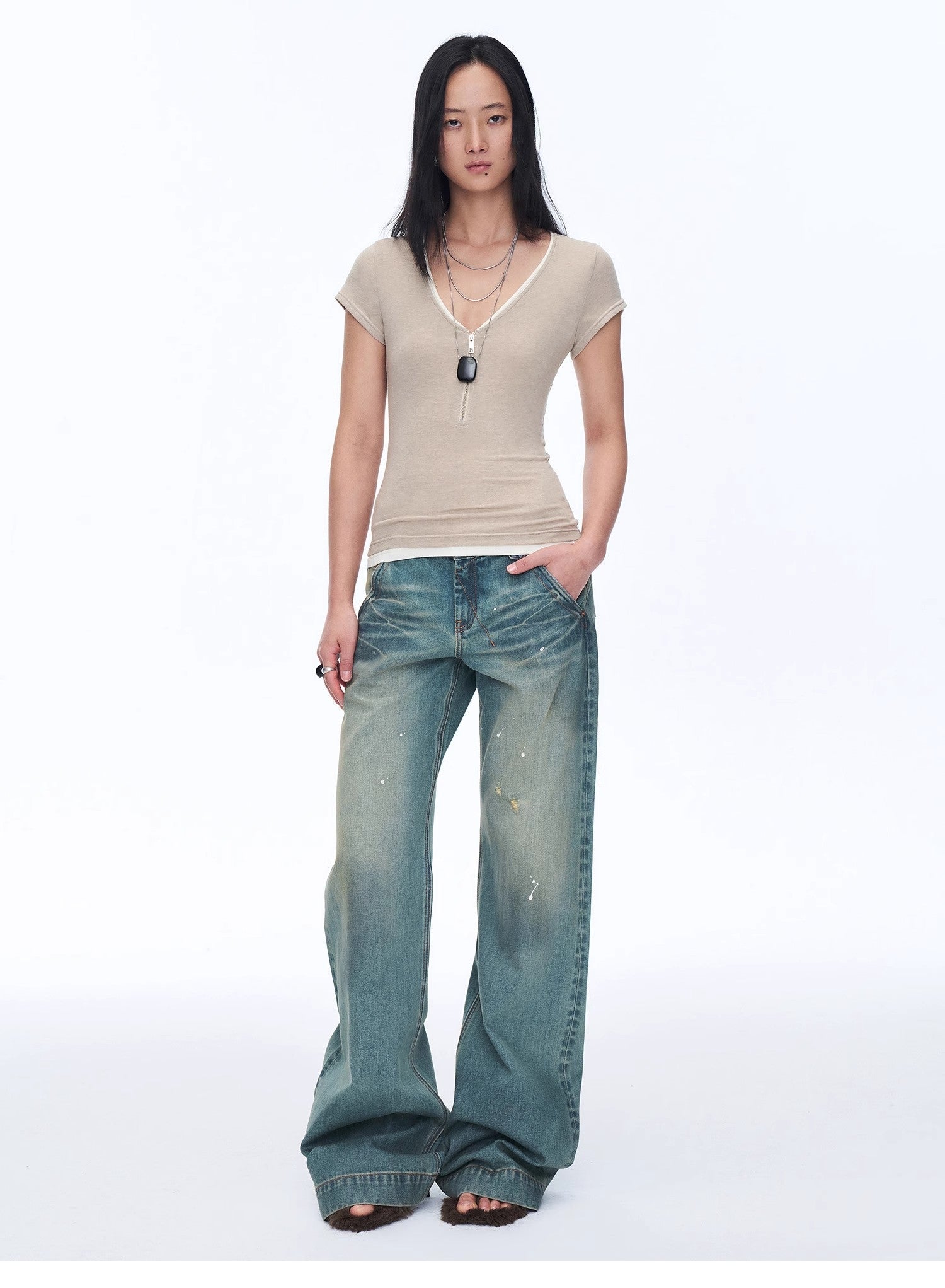Firelady Fur women's wool Tencel deep V-neck top with short sleeves, loose fit, simple color, and zipper detail.