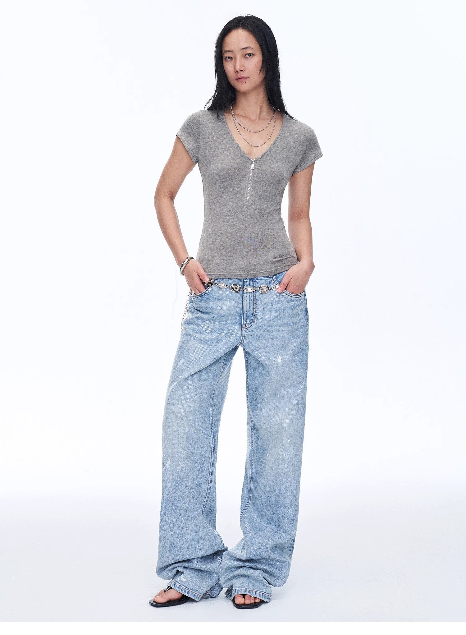 Women's Loose Australian Wool Tencel Deep V-neck Zipper Short Sleeve Tops T-shirt"Tunic Blouses Simple Color Silent Film"-0